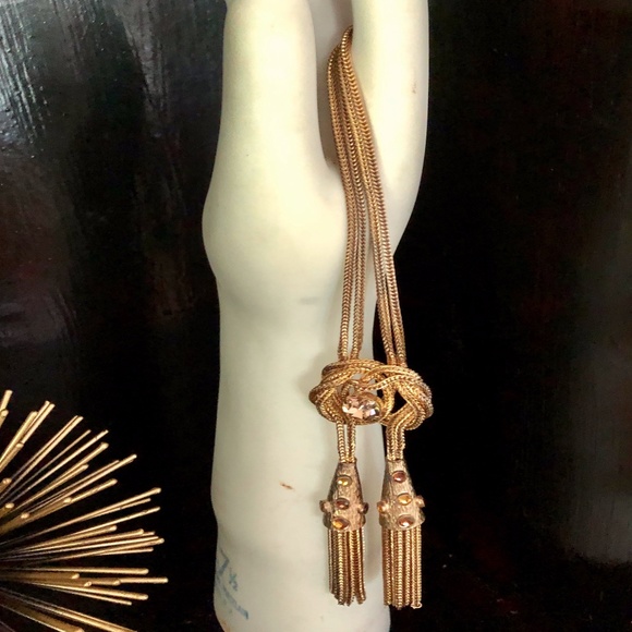 Vintage Gold Crystal Rhinestone Tassel Necklace - Picture 2 of 9